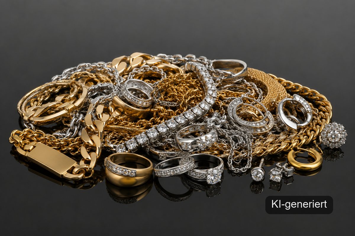 Goldschmuck – Ketten, Ringe und Armbänder (KI-generiertes Symbolbild)