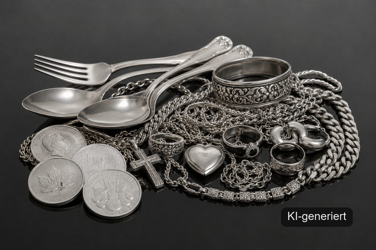 Silberschmuck, Besteck und Silbermünzen (KI-generiertes Symbolbild)